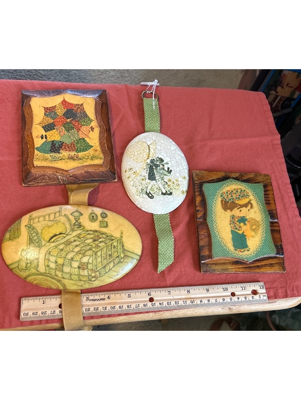 Set of 4 vintage decoupage wall plaques